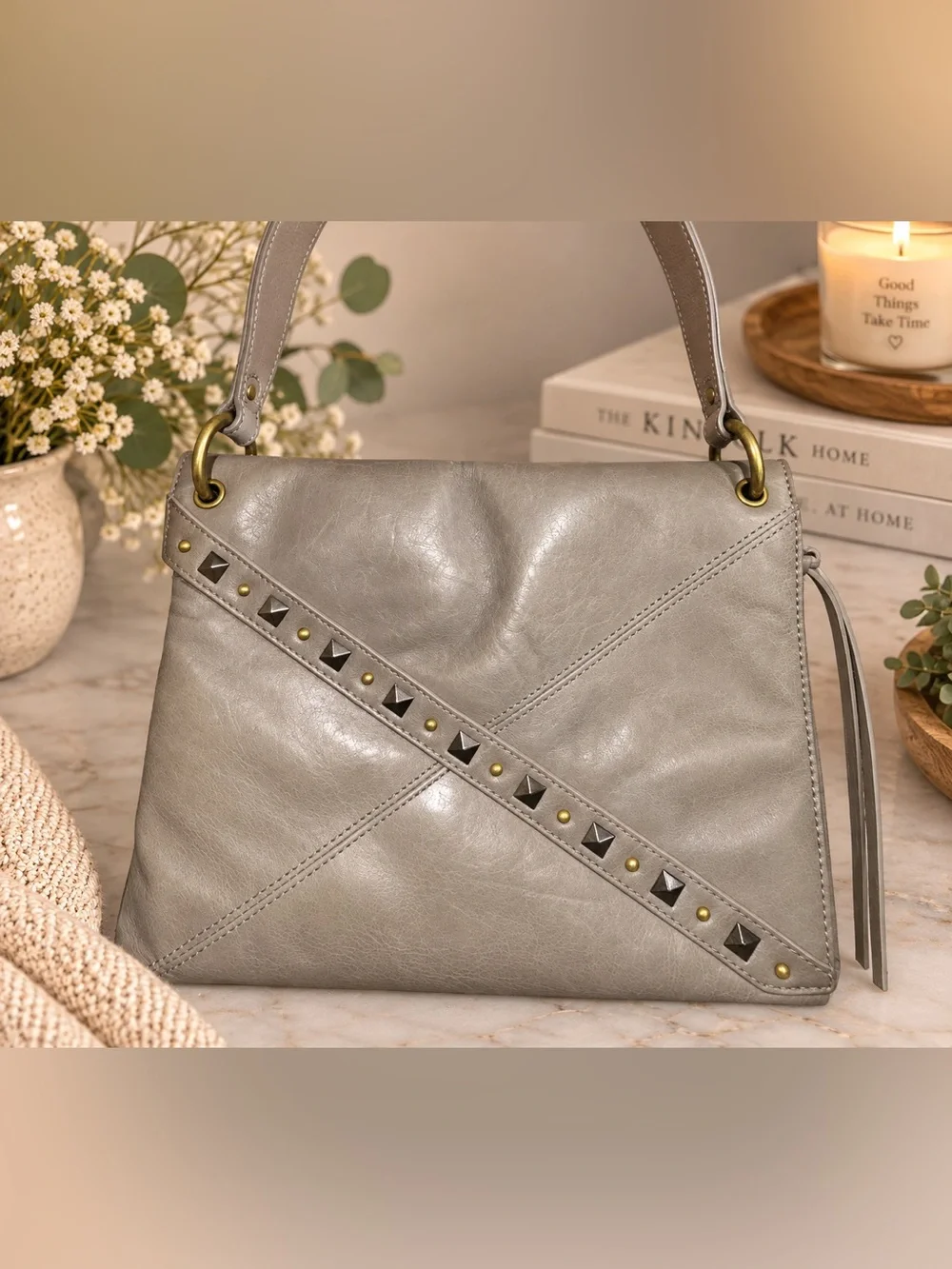 HOBO International Gray Taupe Leather Studded Shoulder Bag